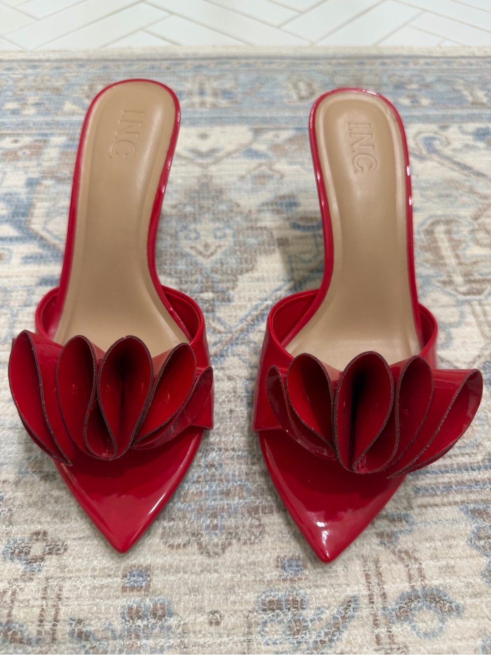 INC International Concepts Red Patent Pointed Toe Mules with Petal Accent